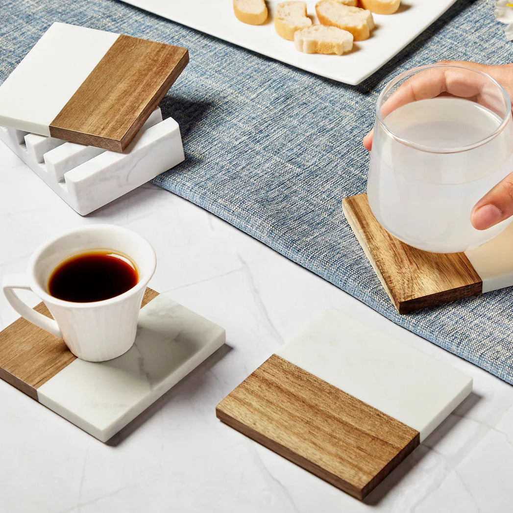 Personalized Marble and Acacia Wood Coaster Set